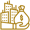 An icon of a hand holding a money bag and 3 buildings